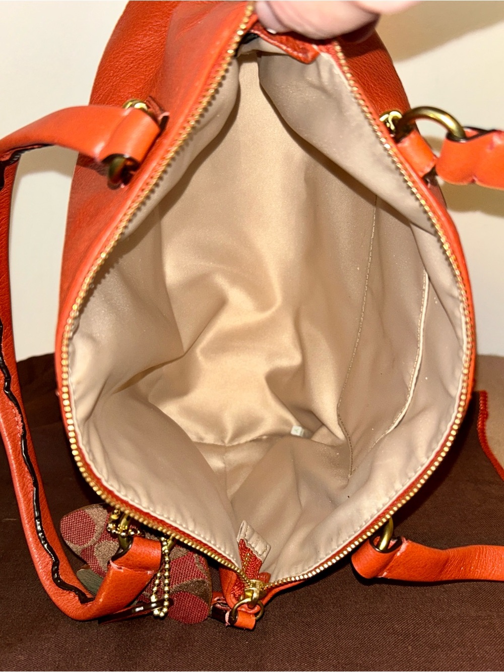 Coach Madison model, the Sophia Satchel. Upcycled Mushroom Charm and Dust Bag - Picture 9 of 10